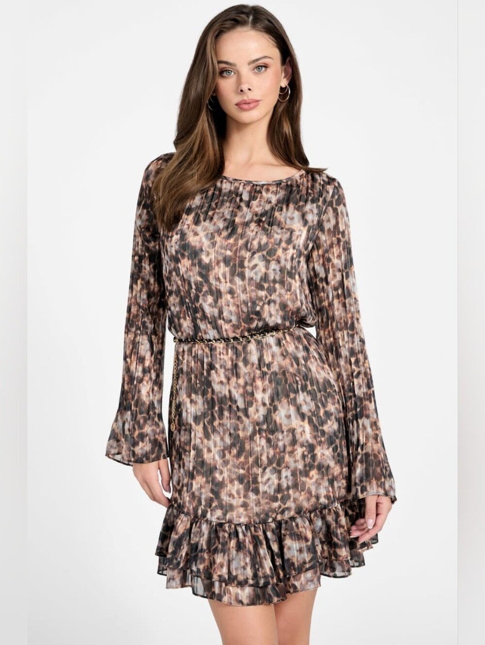 NWT$148 GUESS Multicolor Leopard Animal Print Chiffon Pleated Mini Dress M